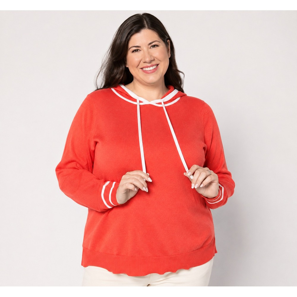 Belle by Kim Gravel Yacht Club Tipped Sweater Hoodie Hot Coral, Large